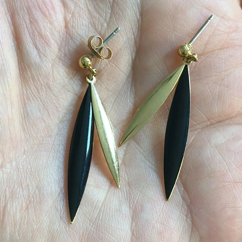 Vintage 70s/80s gold tone & black enamel painted post drop‎ earrings